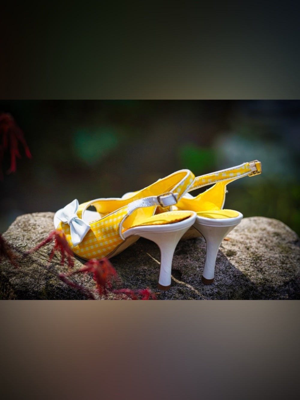 Delicious Yellow & White Gingham Peep Toe Slingback Heels - Picture 9 of 15